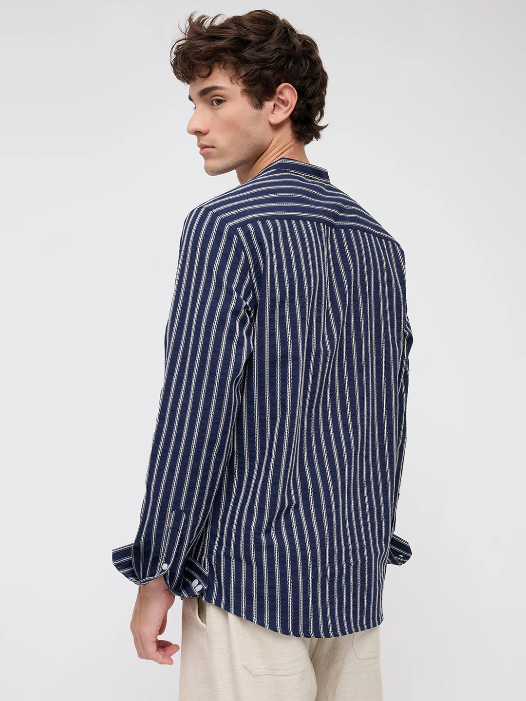 Luxe Coastal Navy Motif Embroidered Striped Kurta - Image 7
