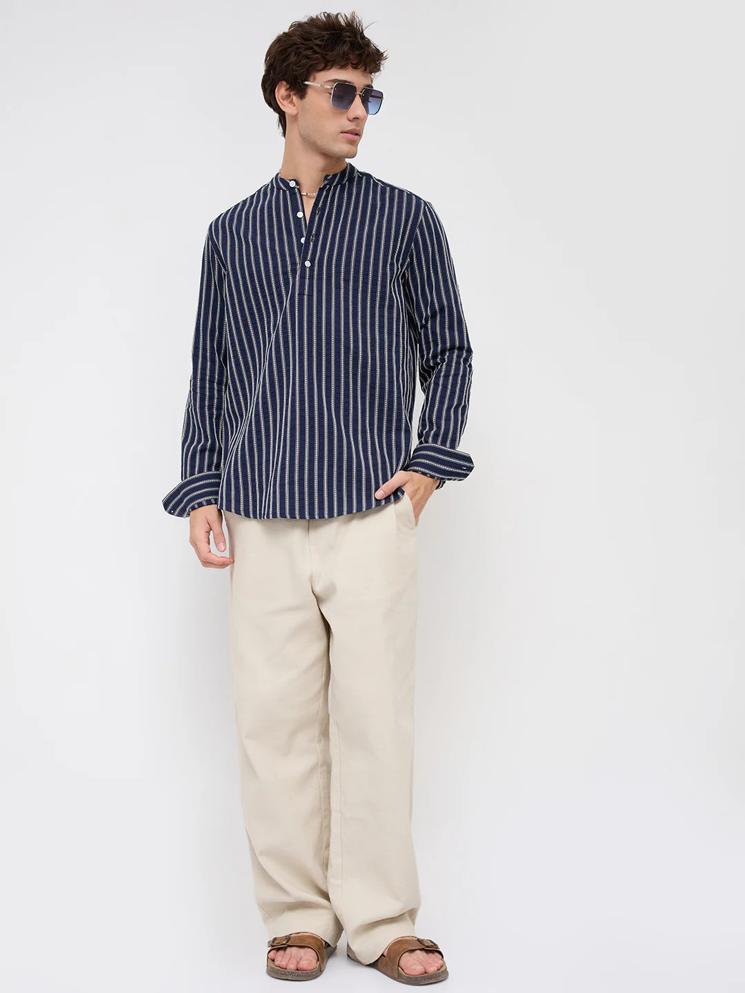Luxe Coastal Navy Motif Embroidered Striped Kurta - Image 8