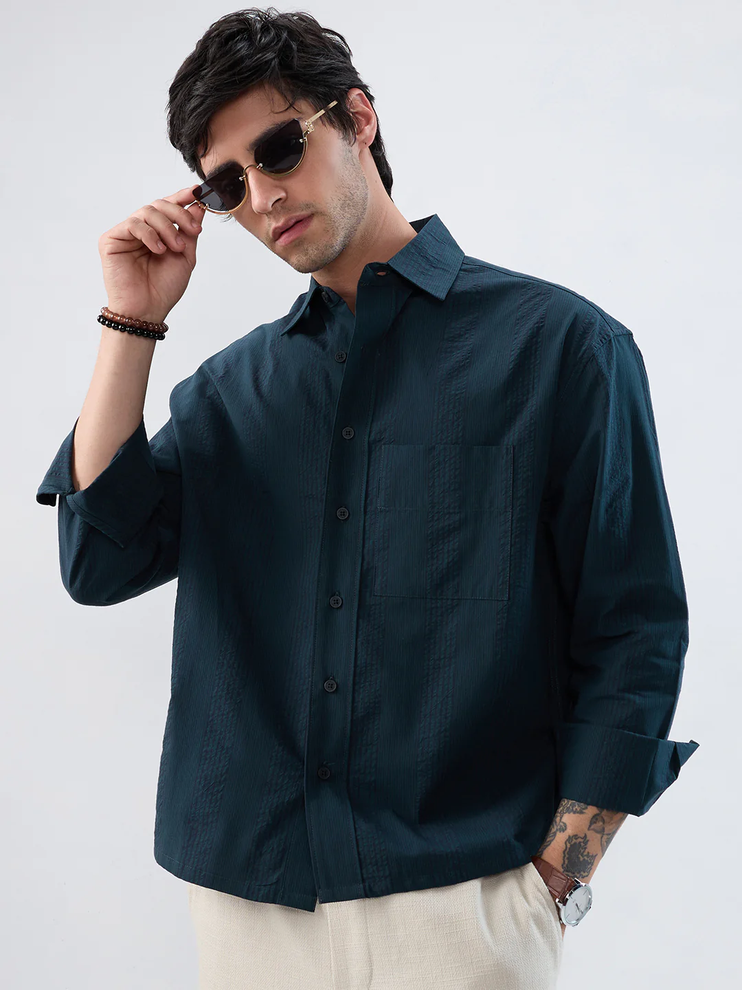 Luxe Dark Green Refined Seersucker Striped Boxy Fit Crop Shirt - Image 2