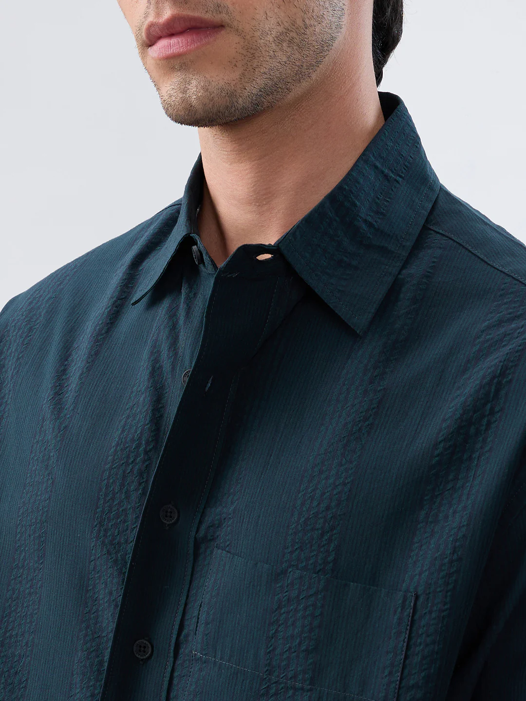 Luxe Dark Green Refined Seersucker Striped Boxy Fit Crop Shirt - Image 3