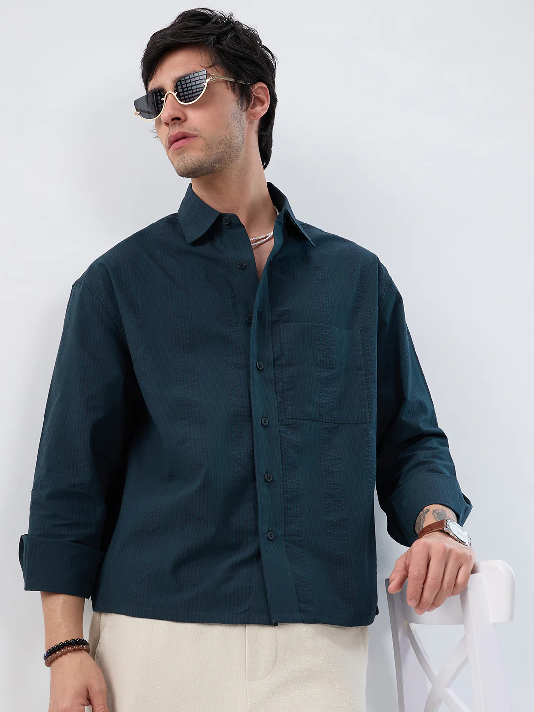 Luxe Dark Green Refined Seersucker Striped Boxy Fit Crop Shirt - Image 4