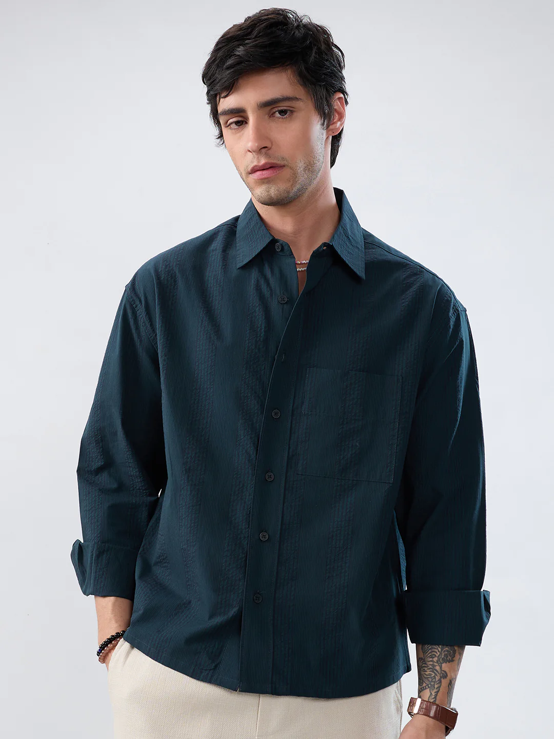 Luxe Dark Green Refined Seersucker Striped Boxy Fit Crop Shirt - Image 5