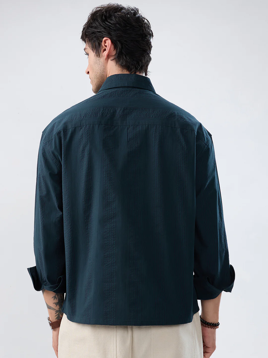 Luxe Dark Green Refined Seersucker Striped Boxy Fit Crop Shirt - Image 7