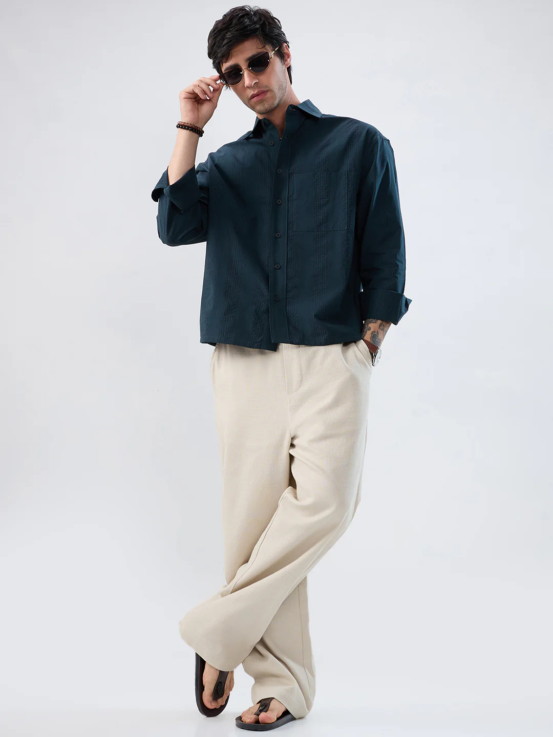 Luxe Dark Green Refined Seersucker Striped Boxy Fit Crop Shirt - Image 8