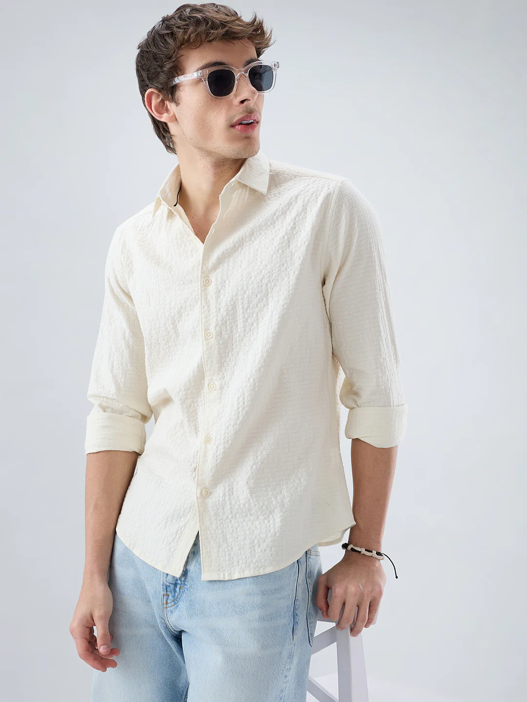 Luxe Ivory Double Coth Seersucker Box Checks Shirt