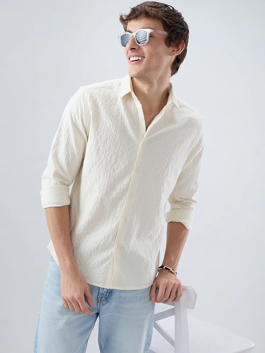 Luxe Ivory Double Coth Seersucker Box Checks Shirt - Image 2