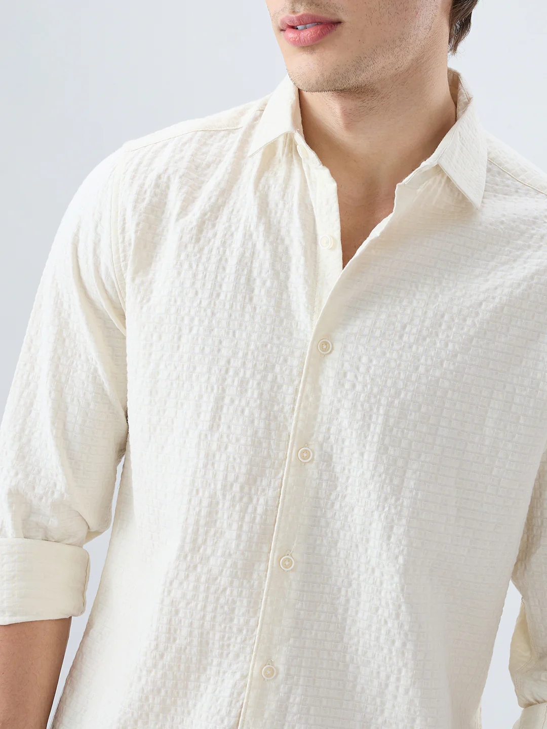 Luxe Ivory Double Coth Seersucker Box Checks Shirt - Image 3
