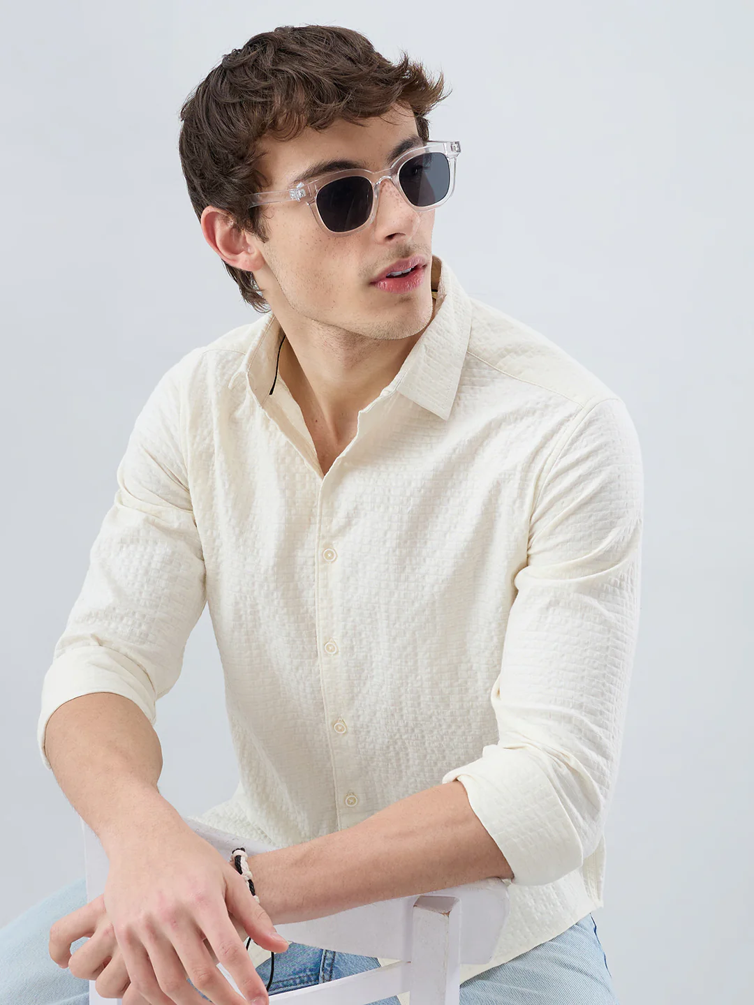 Luxe Ivory Double Coth Seersucker Box Checks Shirt - Image 4