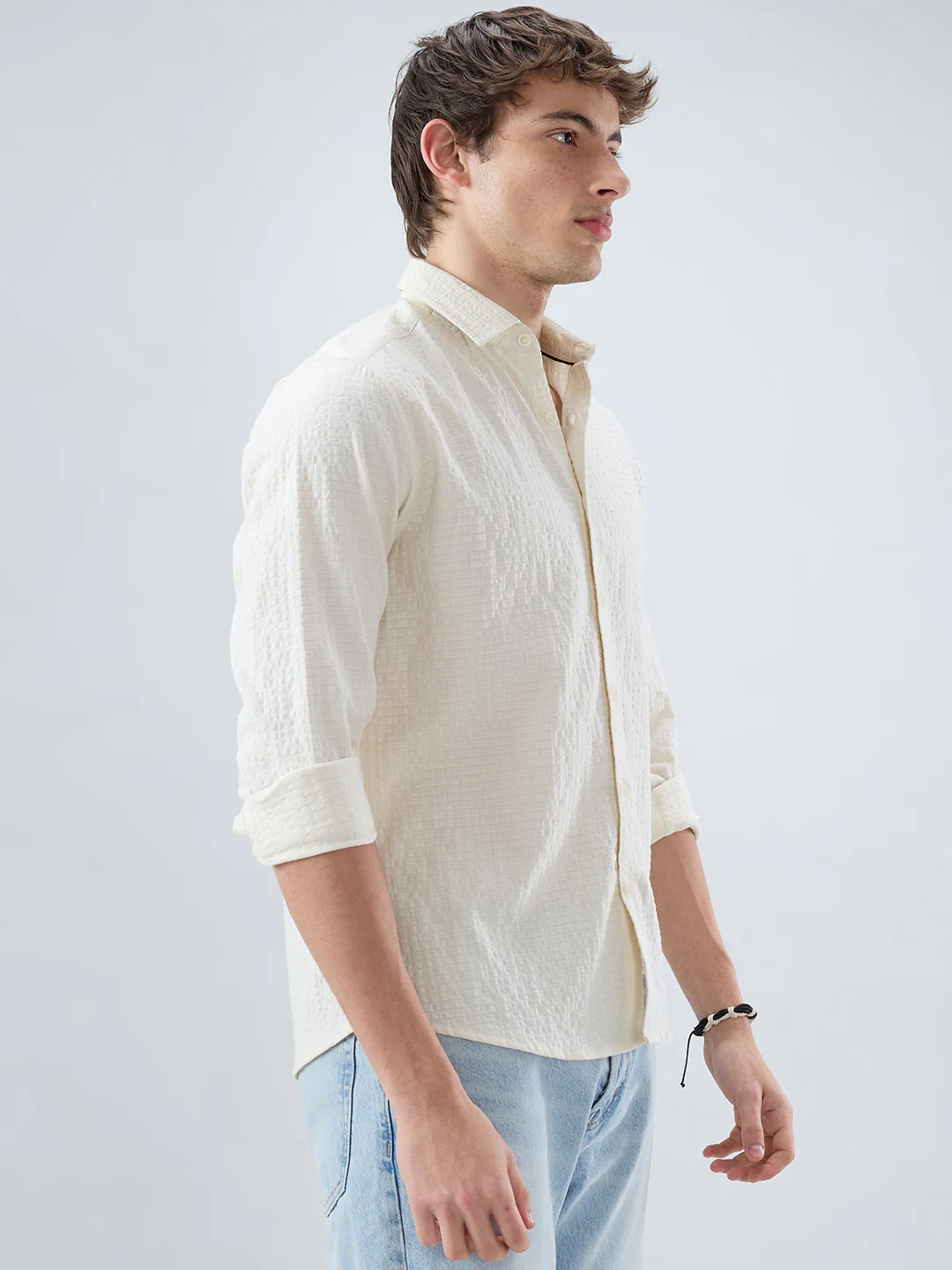 Luxe Ivory Double Coth Seersucker Box Checks Shirt - Image 5