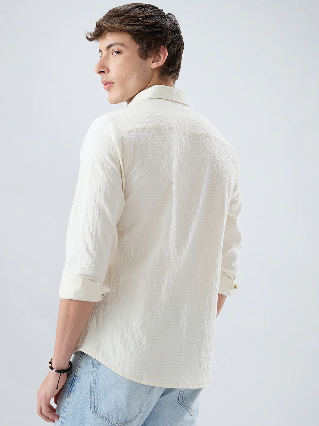 Luxe Ivory Double Coth Seersucker Box Checks Shirt - Image 6