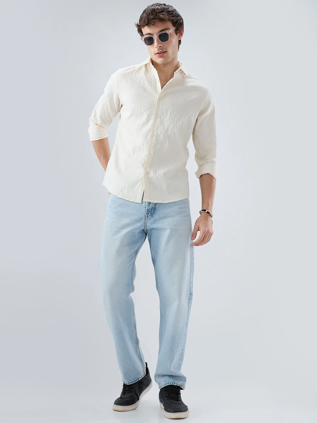 Luxe Ivory Double Coth Seersucker Box Checks Shirt - Image 7