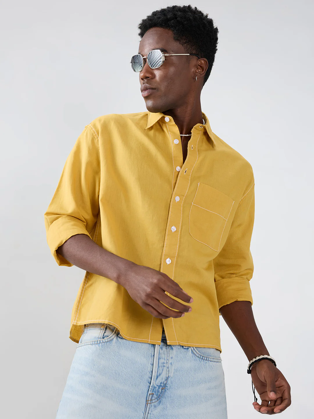Luxe Mustard Contrast Stitch Linen Blend Boxy Fit Crop Shirt - Image 2