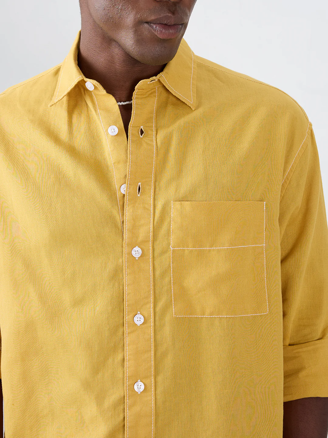 Luxe Mustard Contrast Stitch Linen Blend Boxy Fit Crop Shirt - Image 3