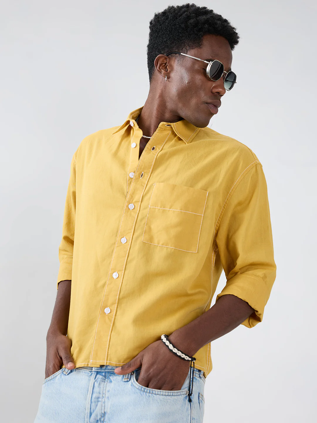Luxe Mustard Contrast Stitch Linen Blend Boxy Fit Crop Shirt - Image 4