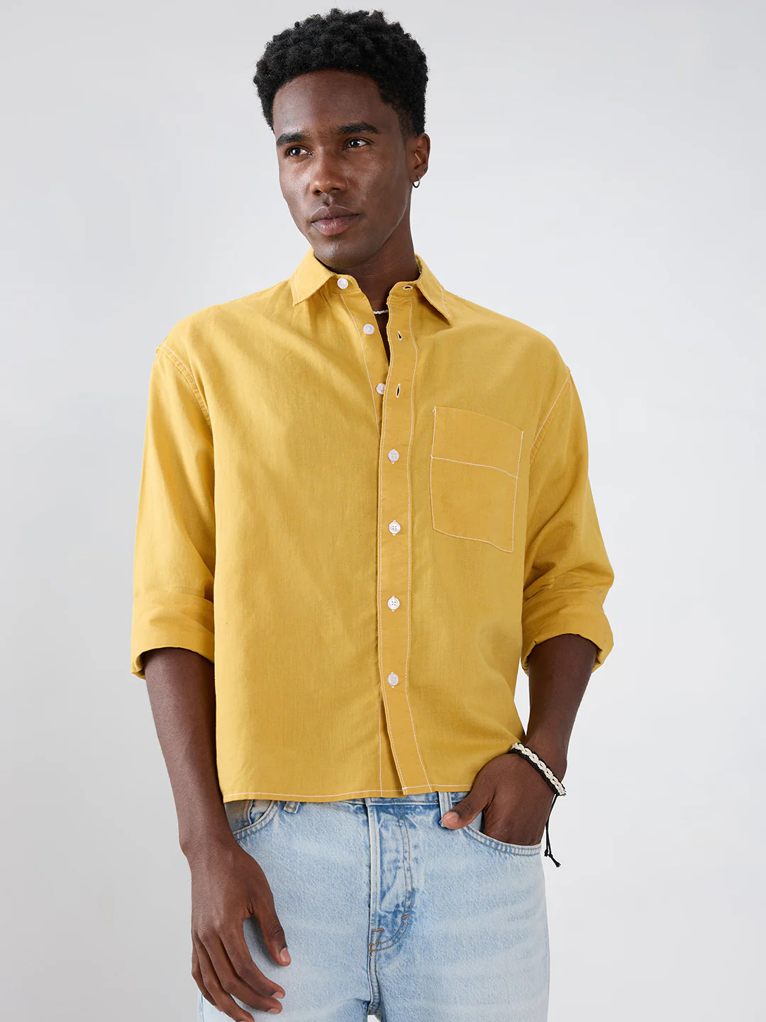 Luxe Mustard Contrast Stitch Linen Blend Boxy Fit Crop Shirt - Image 5