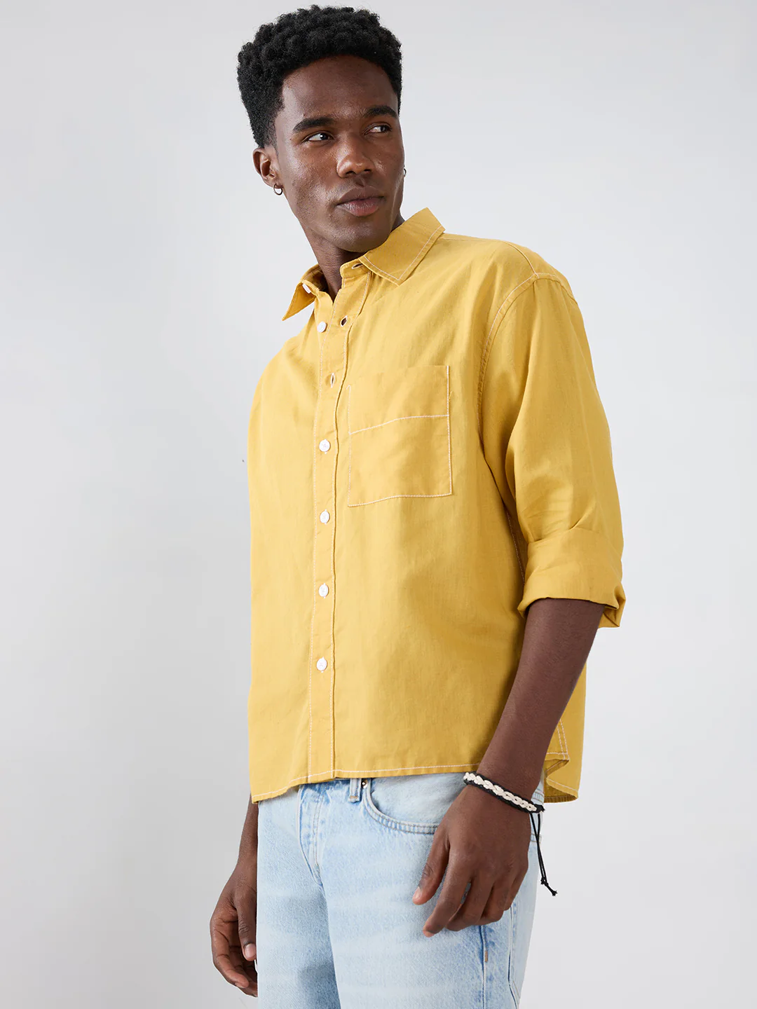 Luxe Mustard Contrast Stitch Linen Blend Boxy Fit Crop Shirt - Image 6