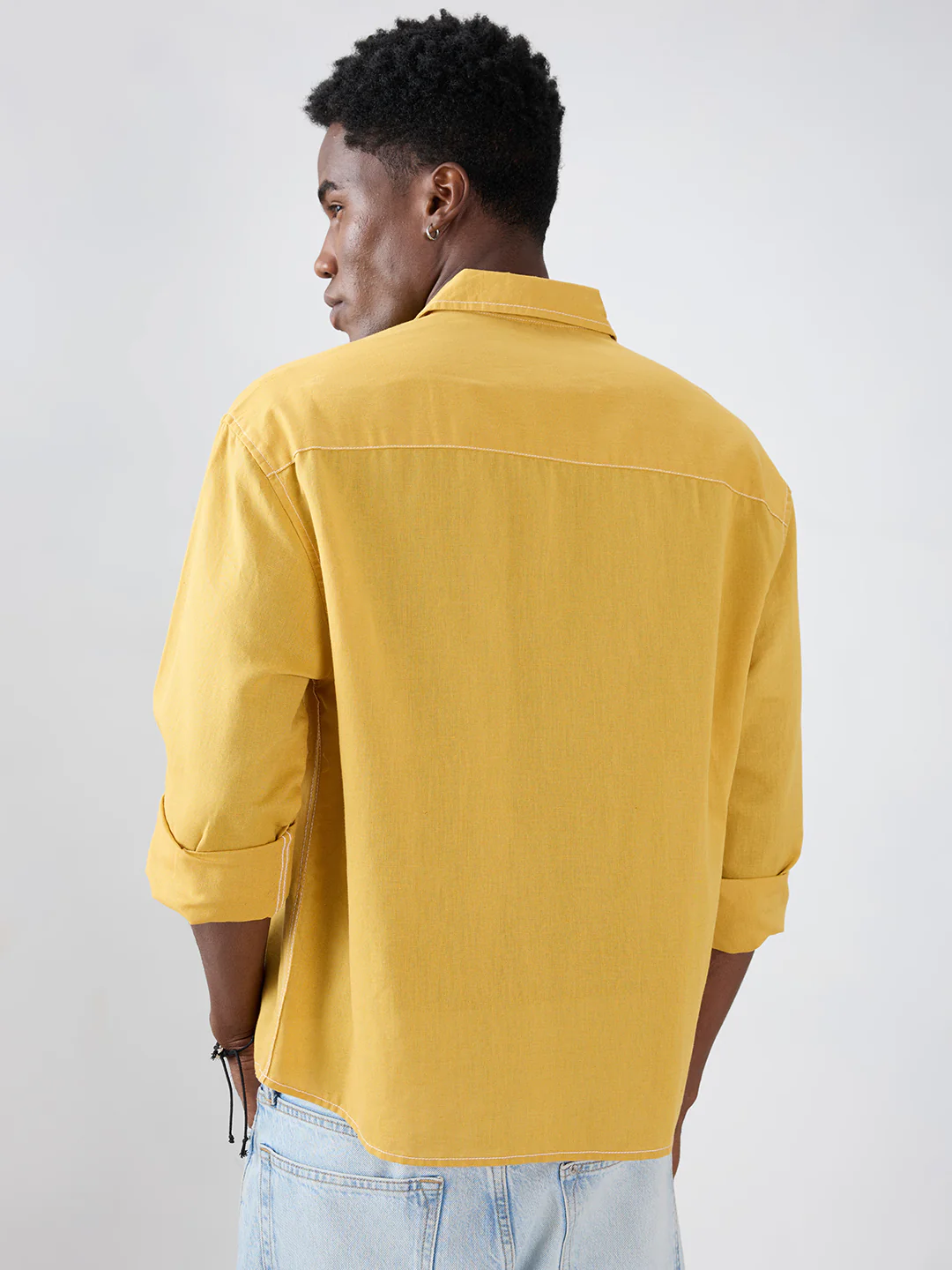 Luxe Mustard Contrast Stitch Linen Blend Boxy Fit Crop Shirt - Image 7