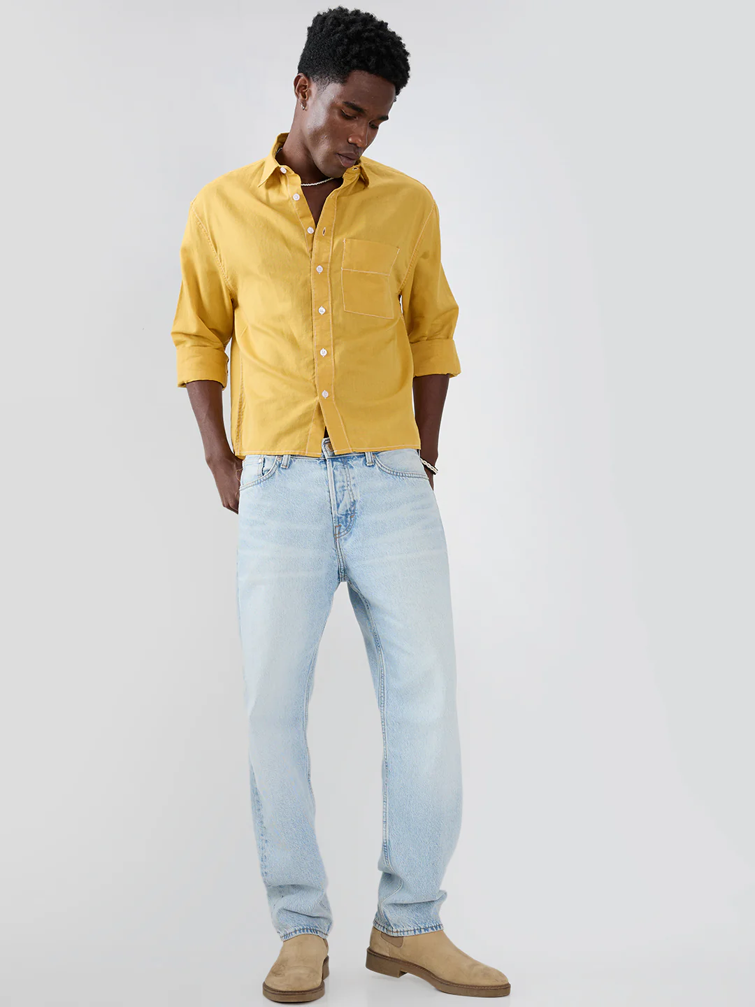 Luxe Mustard Contrast Stitch Linen Blend Boxy Fit Crop Shirt - Image 8
