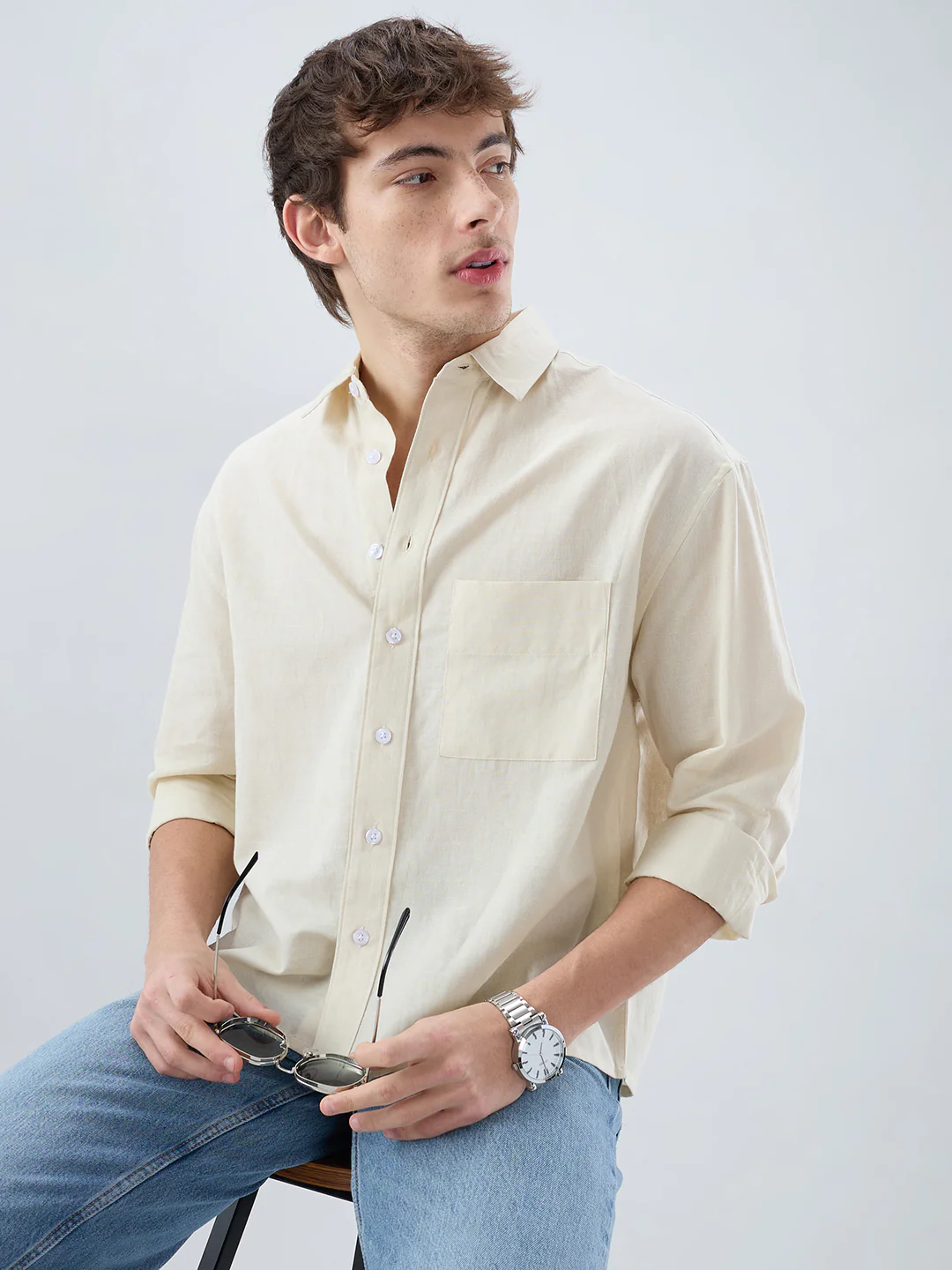 Luxe Off-White Fine Sheer Linen Blend Boxy Fit Crop Shirt - Image 2