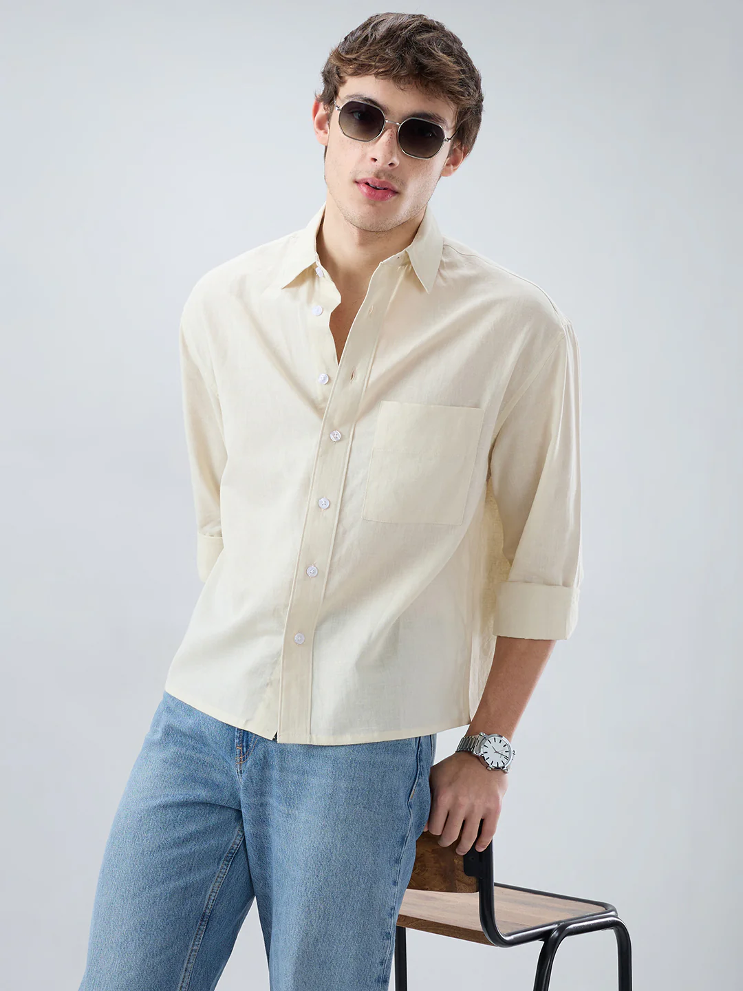 Luxe Off-White Fine Sheer Linen Blend Boxy Fit Crop Shirt - Image 4