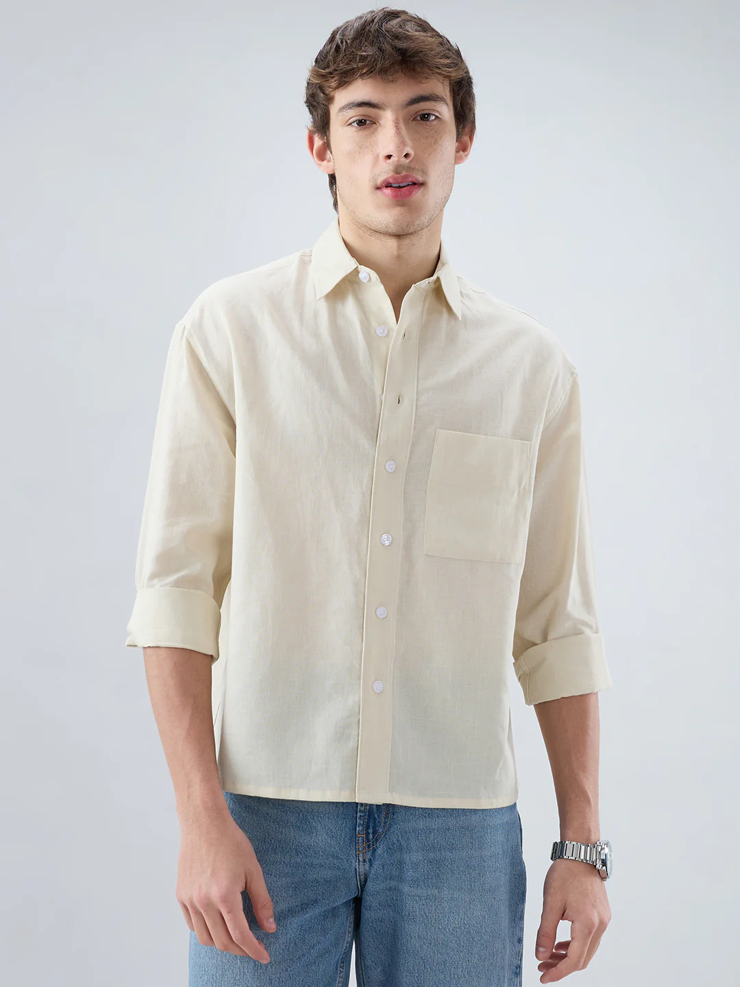 Luxe Off-White Fine Sheer Linen Blend Boxy Fit Crop Shirt - Image 5