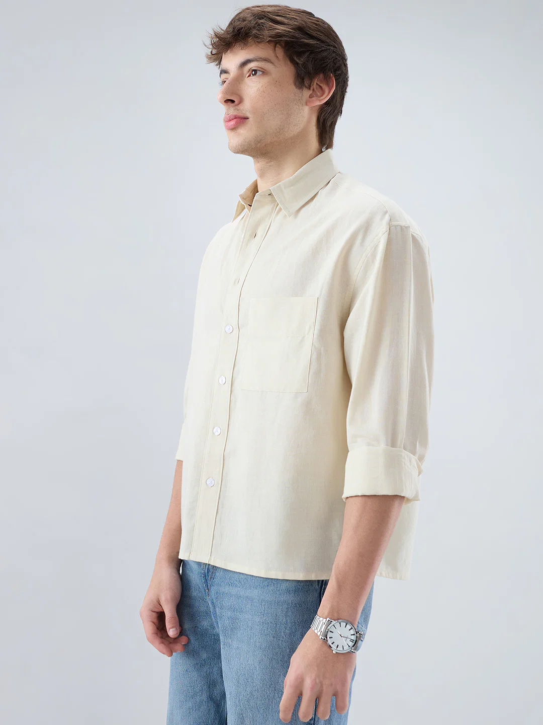 Luxe Off-White Fine Sheer Linen Blend Boxy Fit Crop Shirt - Image 6