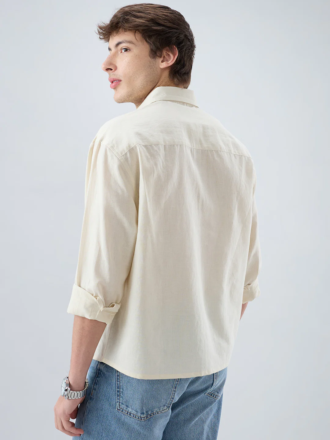 Luxe Off-White Fine Sheer Linen Blend Boxy Fit Crop Shirt - Image 7