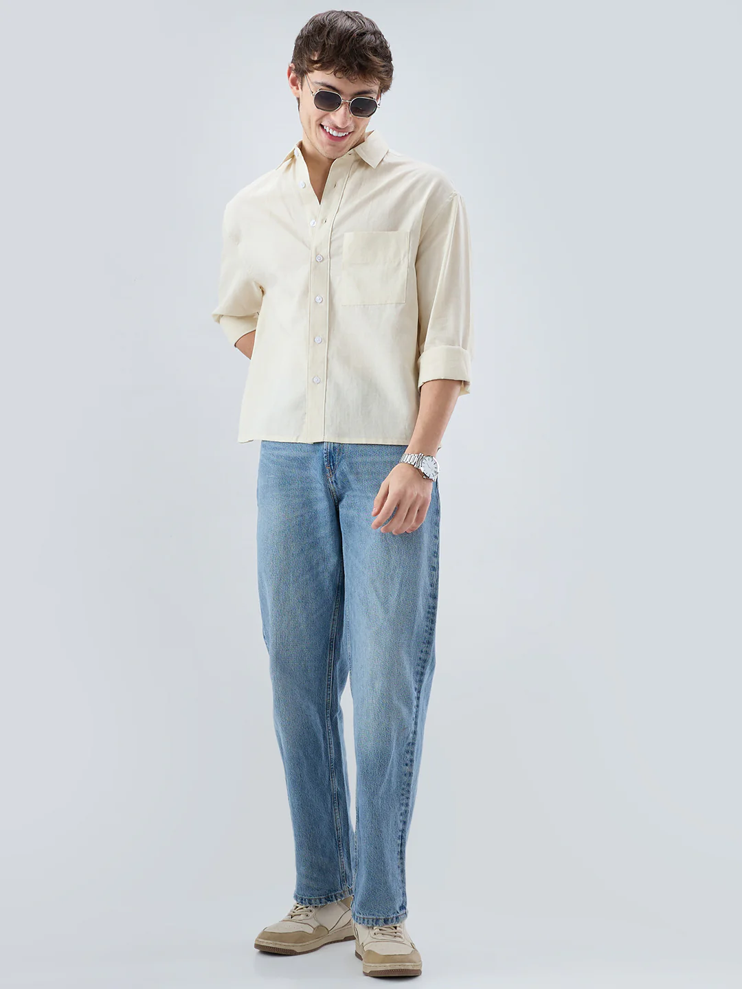 Luxe Off-White Fine Sheer Linen Blend Boxy Fit Crop Shirt - Image 8