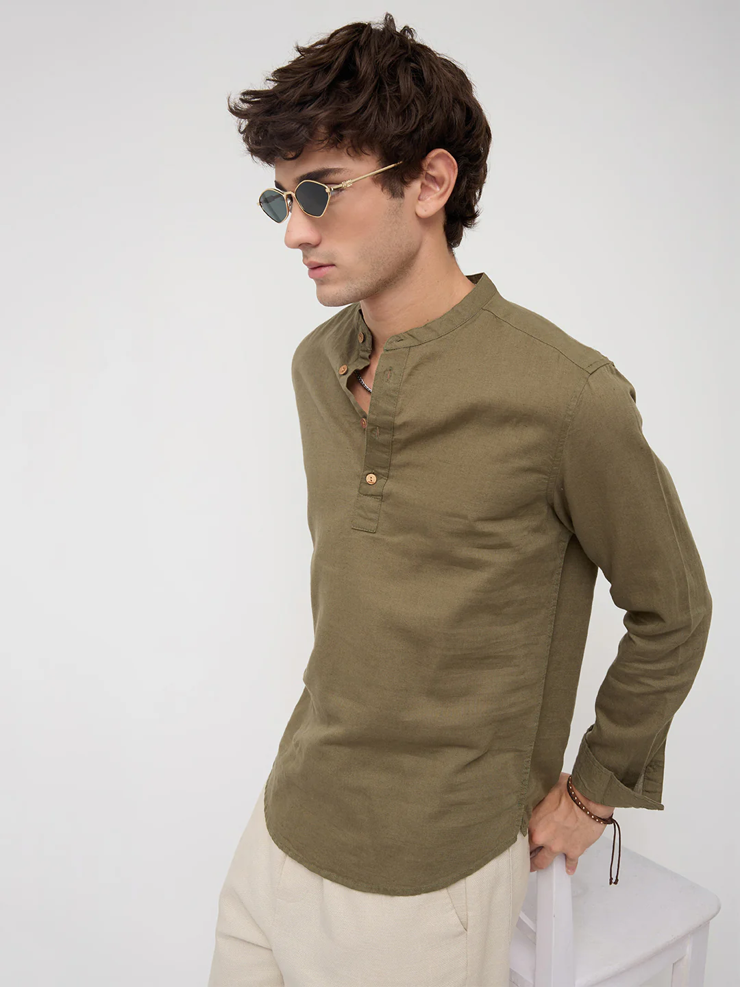 Luxe Olive Fine Sheer Linen Blend Kurta - Image 2