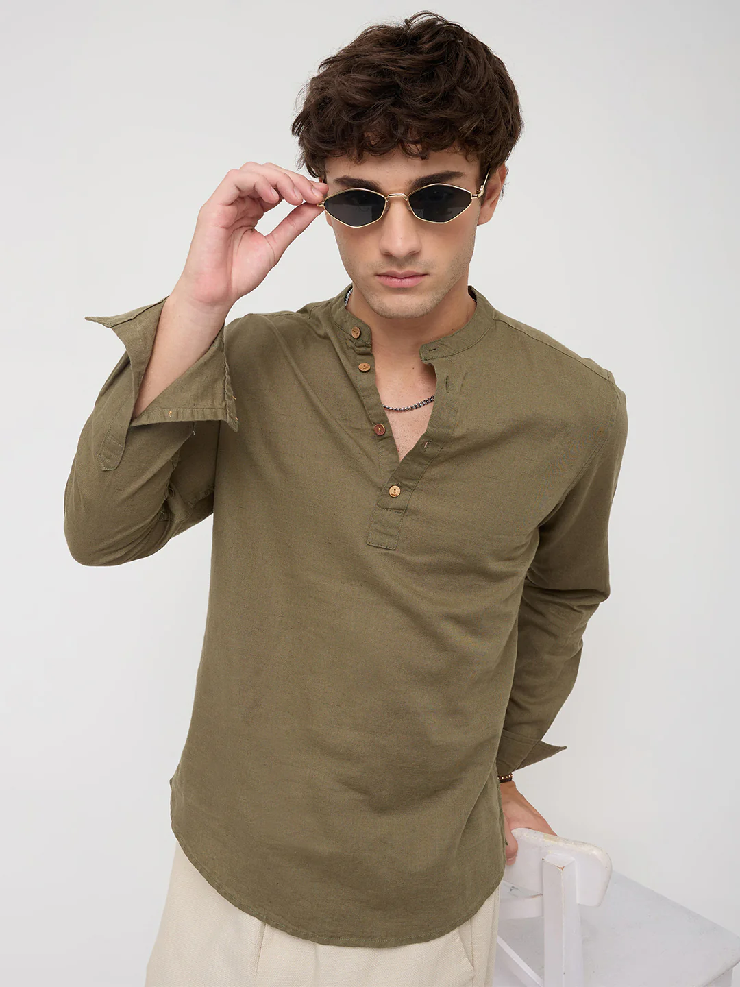 Luxe Olive Fine Sheer Linen Blend Kurta - Image 4