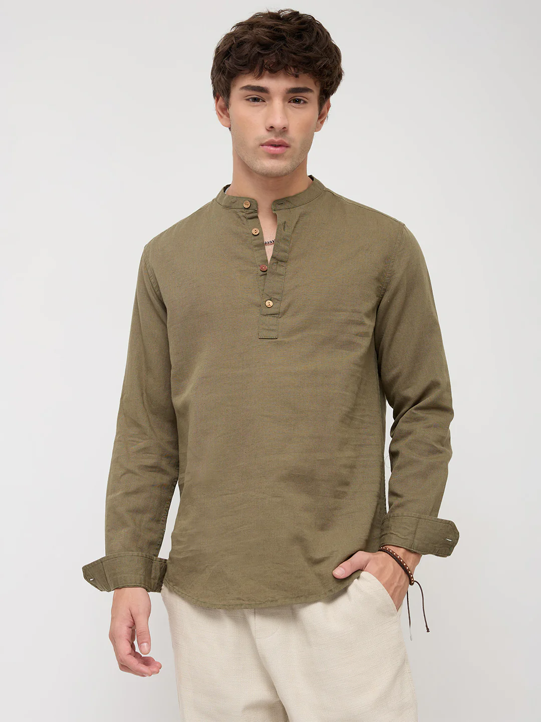 Luxe Olive Fine Sheer Linen Blend Kurta - Image 5