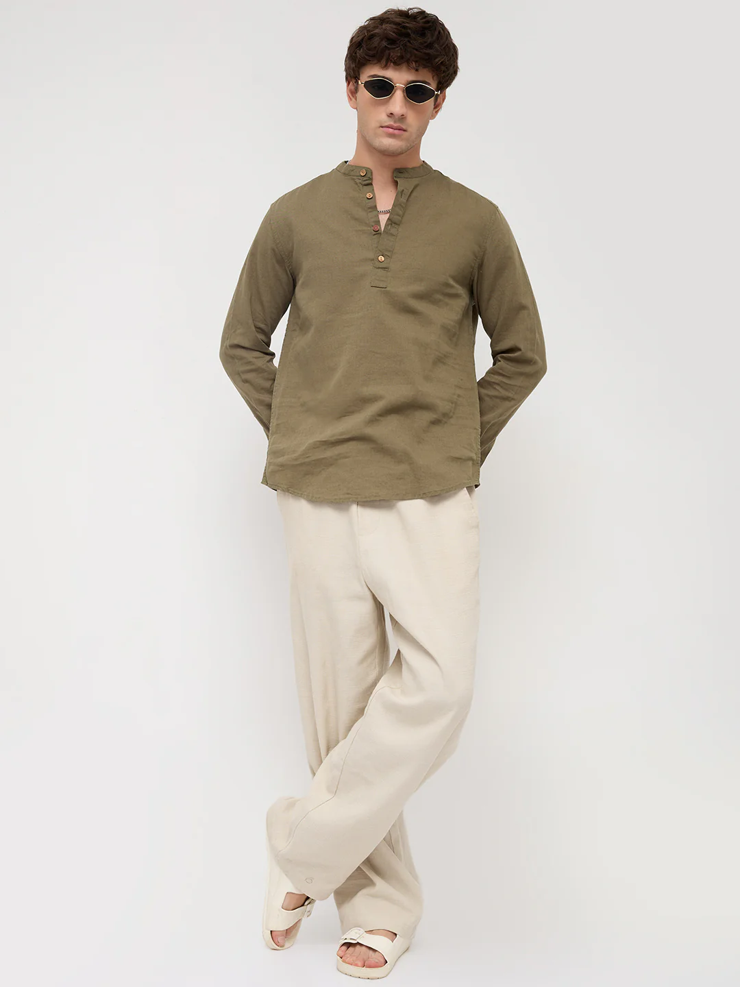 Luxe Olive Fine Sheer Linen Blend Kurta - Image 8
