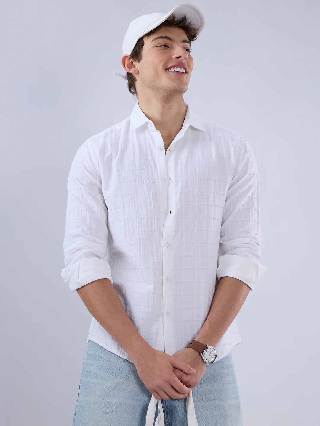 Luxe Pearl White Double Coth Seersucker Checked Shirt - Image 2