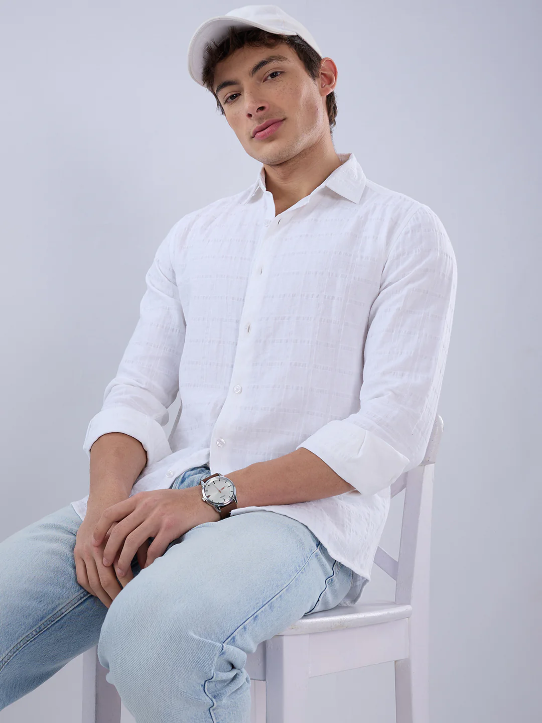 Luxe Pearl White Double Coth Seersucker Checked Shirt - Image 4