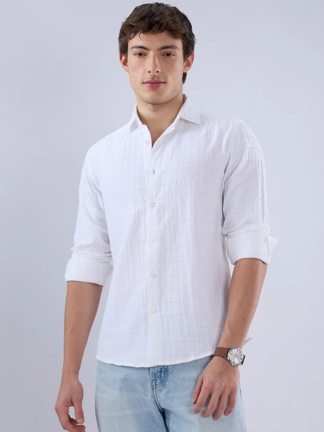 Luxe Pearl White Double Coth Seersucker Checked Shirt - Image 5