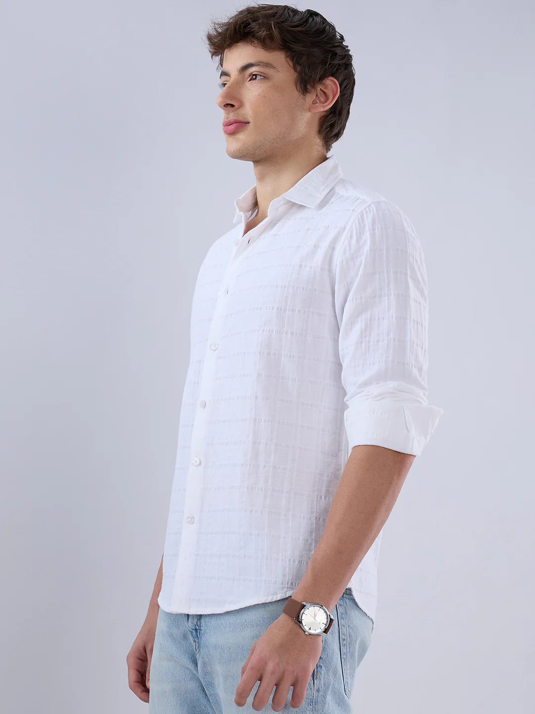 Luxe Pearl White Double Coth Seersucker Checked Shirt - Image 6