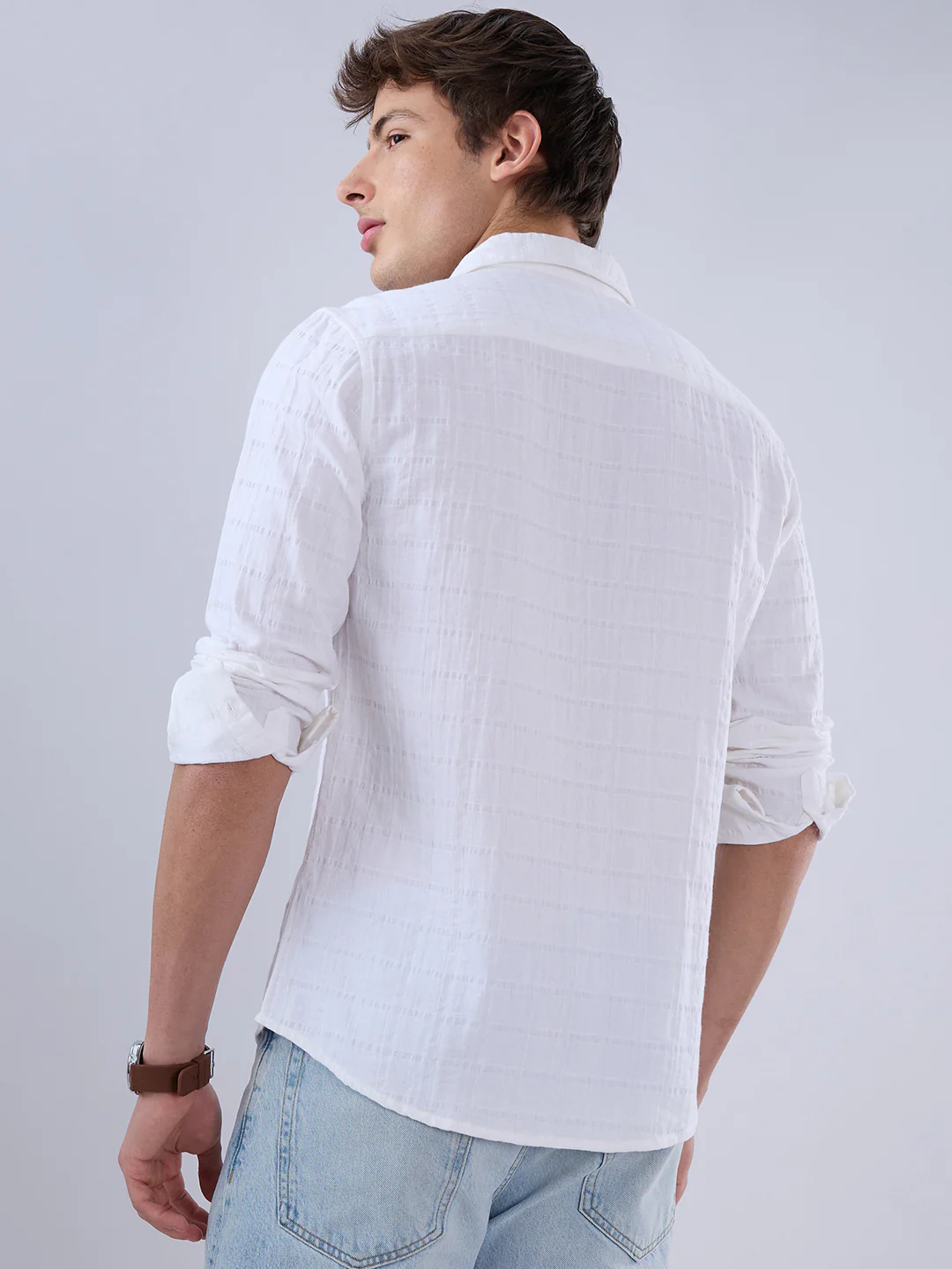 Luxe Pearl White Double Coth Seersucker Checked Shirt - Image 7