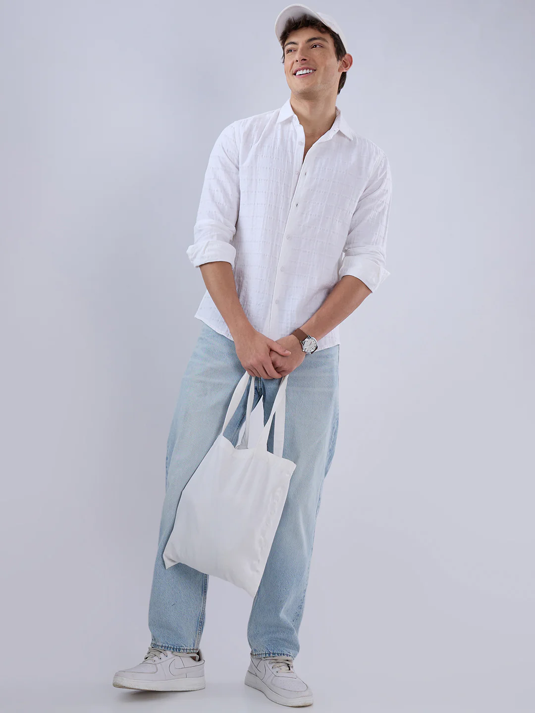 Luxe Pearl White Double Coth Seersucker Checked Shirt - Image 8