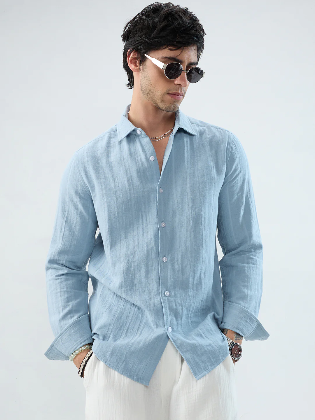 Luxe Powder Blue Seersucker Double Coth Striped Shirt