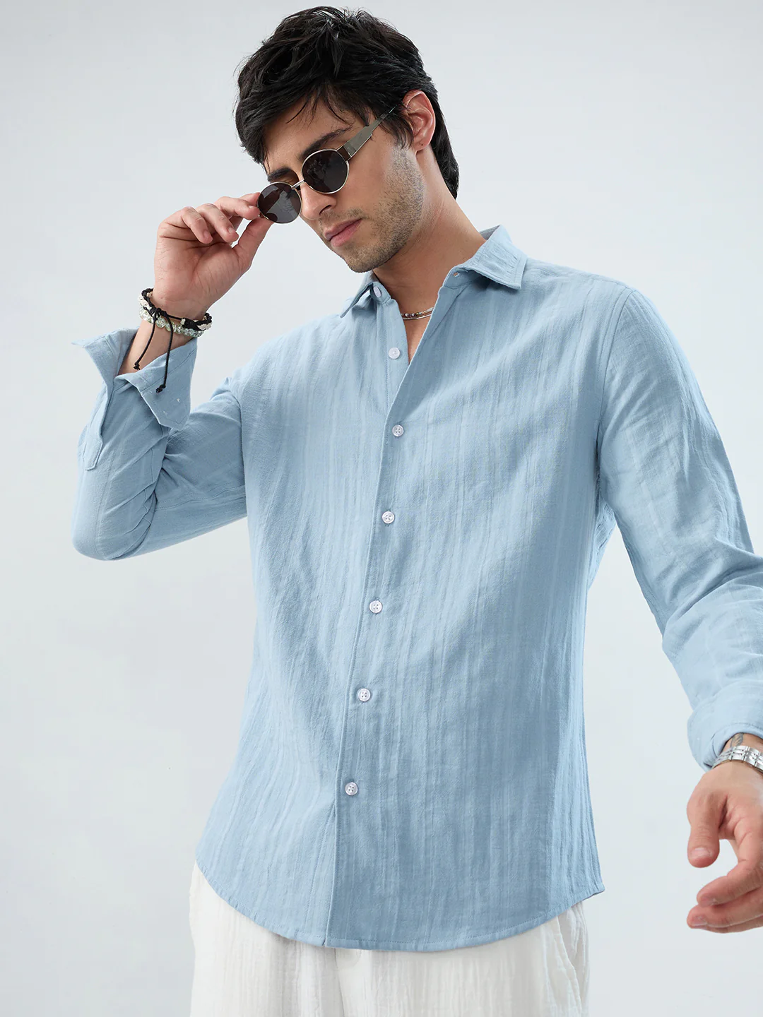 Luxe Powder Blue Seersucker Double Coth Striped Shirt - Image 2
