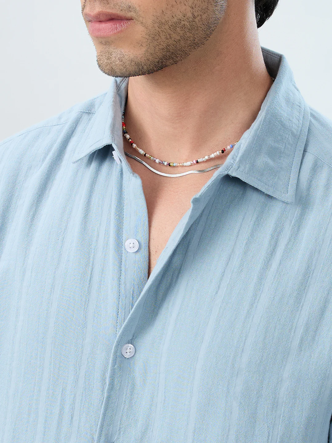 Luxe Powder Blue Seersucker Double Coth Striped Shirt - Image 3