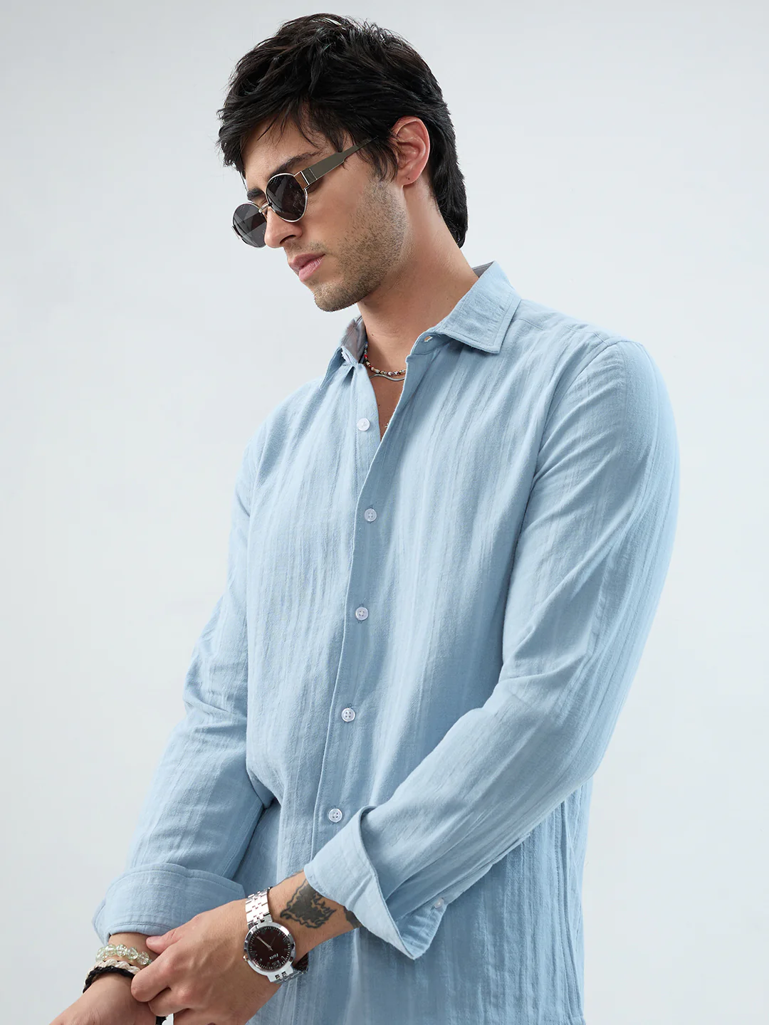 Luxe Powder Blue Seersucker Double Coth Striped Shirt - Image 4