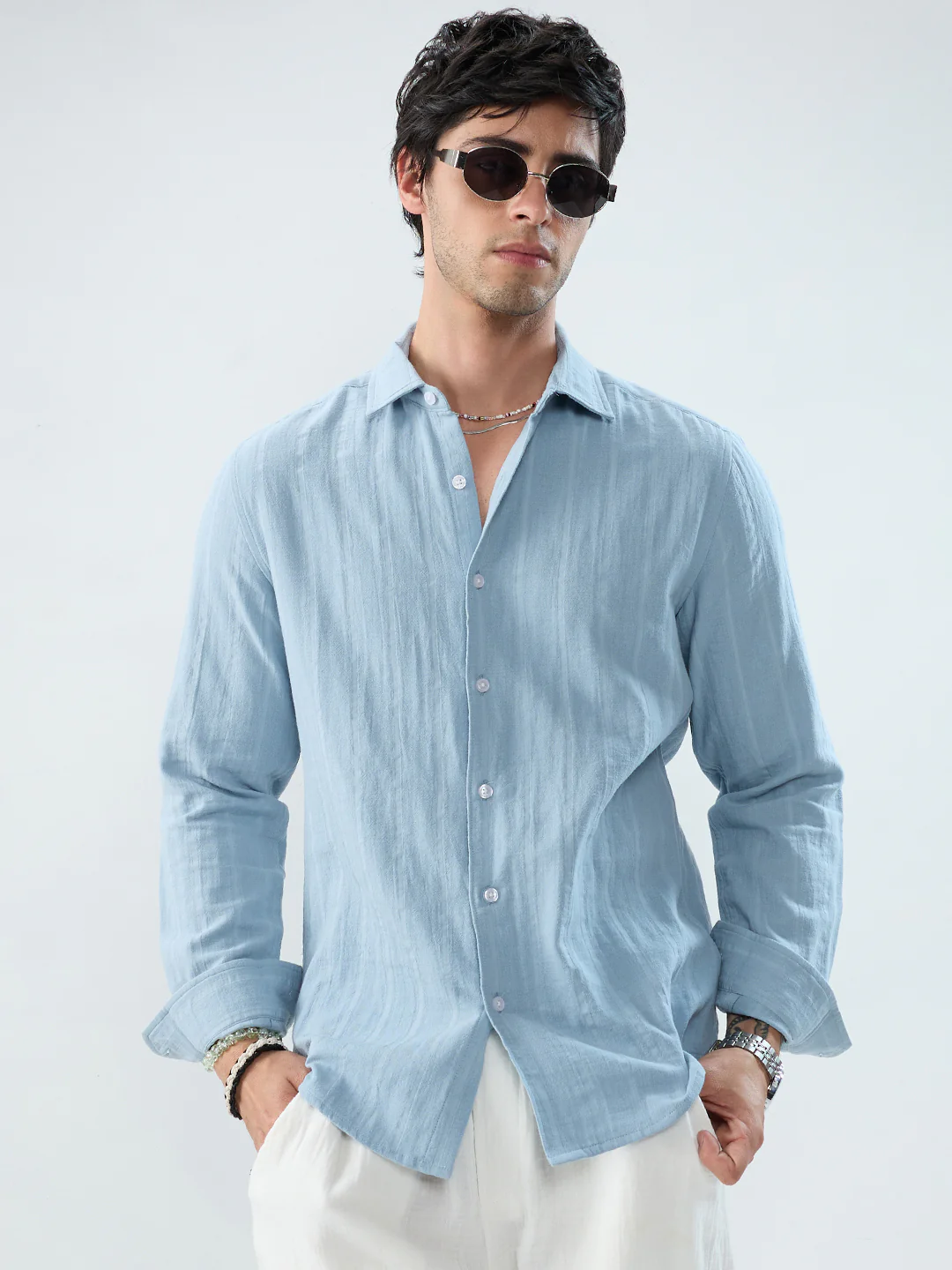 Luxe Powder Blue Seersucker Double Coth Striped Shirt - Image 5