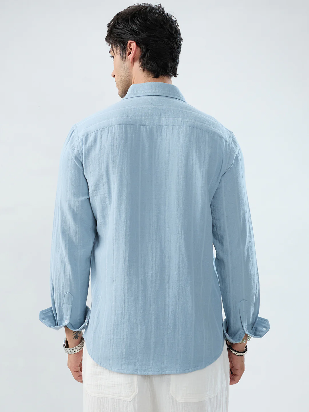 Luxe Powder Blue Seersucker Double Coth Striped Shirt - Image 6