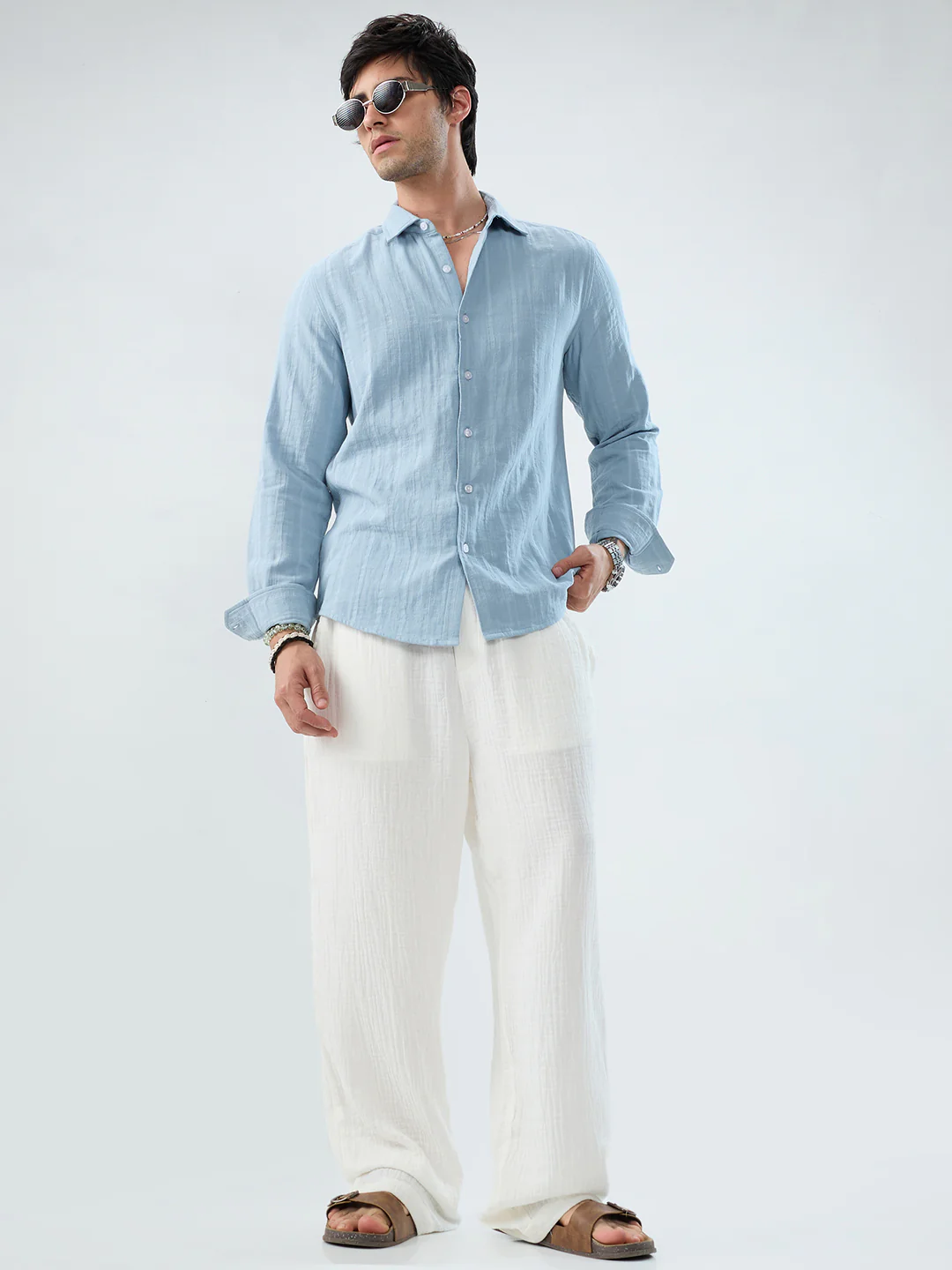 Luxe Powder Blue Seersucker Double Coth Striped Shirt - Image 7