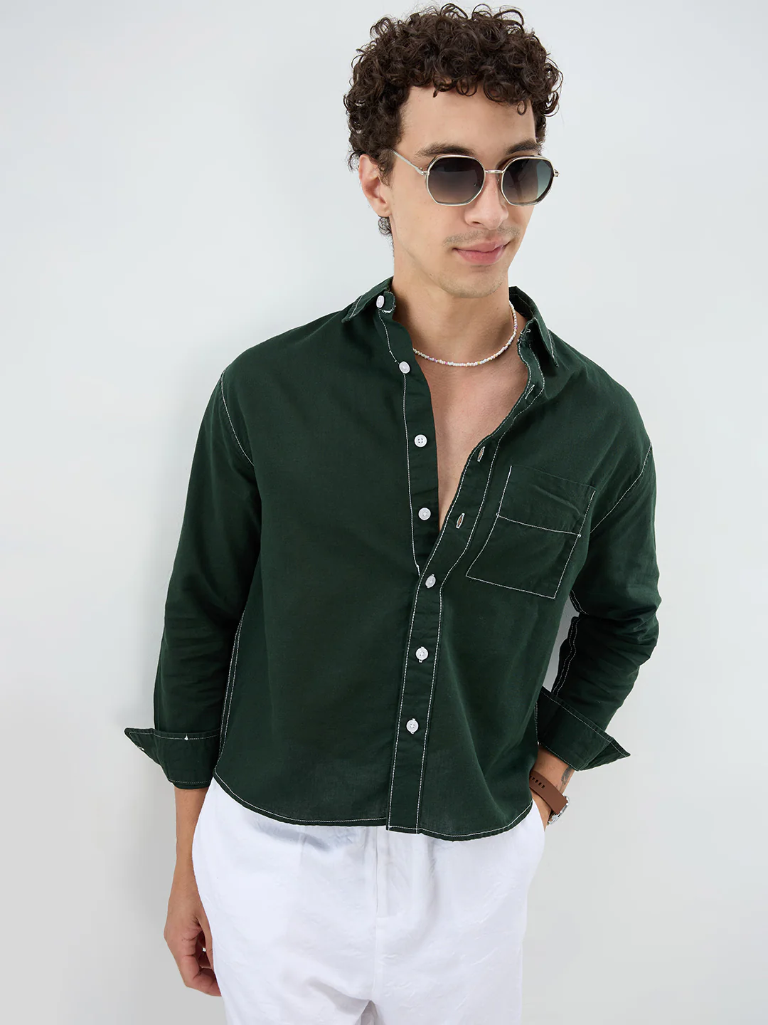 Luxe Sacramento Green Contrast Stitch Linen Blend Boxy Fit Crop Shirt - Image 2