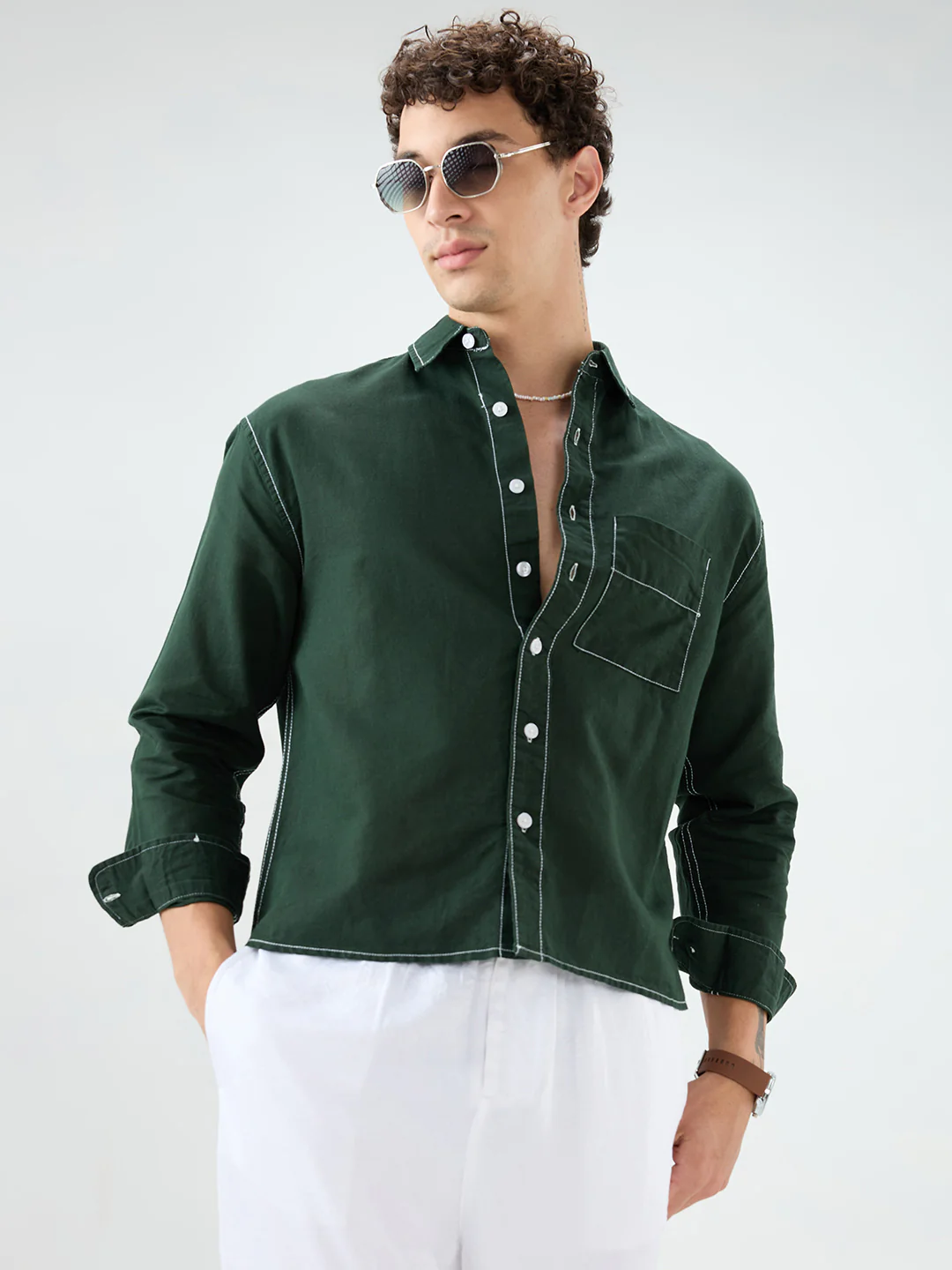 Luxe Sacramento Green Contrast Stitch Linen Blend Boxy Fit Crop Shirt - Image 4