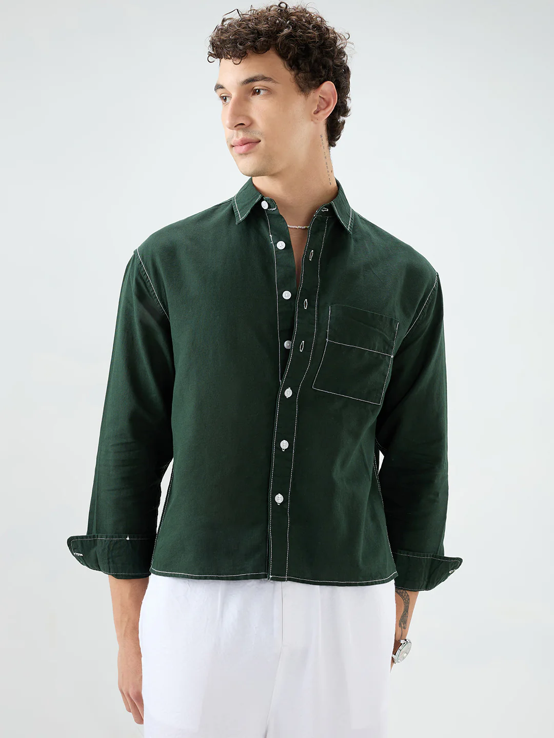 Luxe Sacramento Green Contrast Stitch Linen Blend Boxy Fit Crop Shirt - Image 5