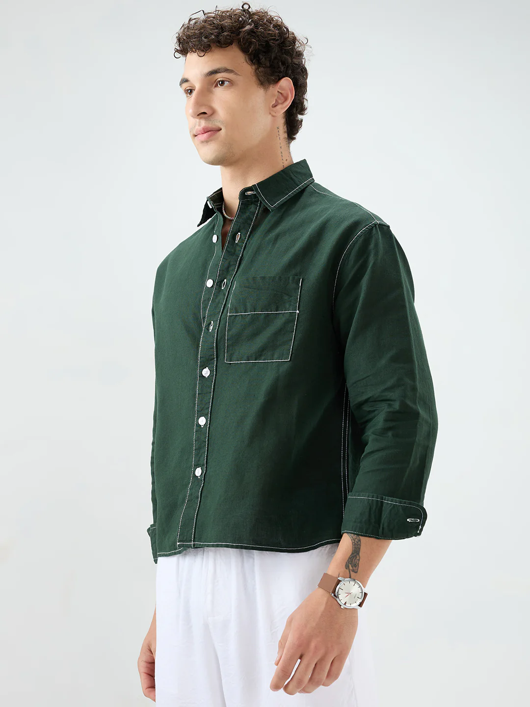 Luxe Sacramento Green Contrast Stitch Linen Blend Boxy Fit Crop Shirt - Image 6