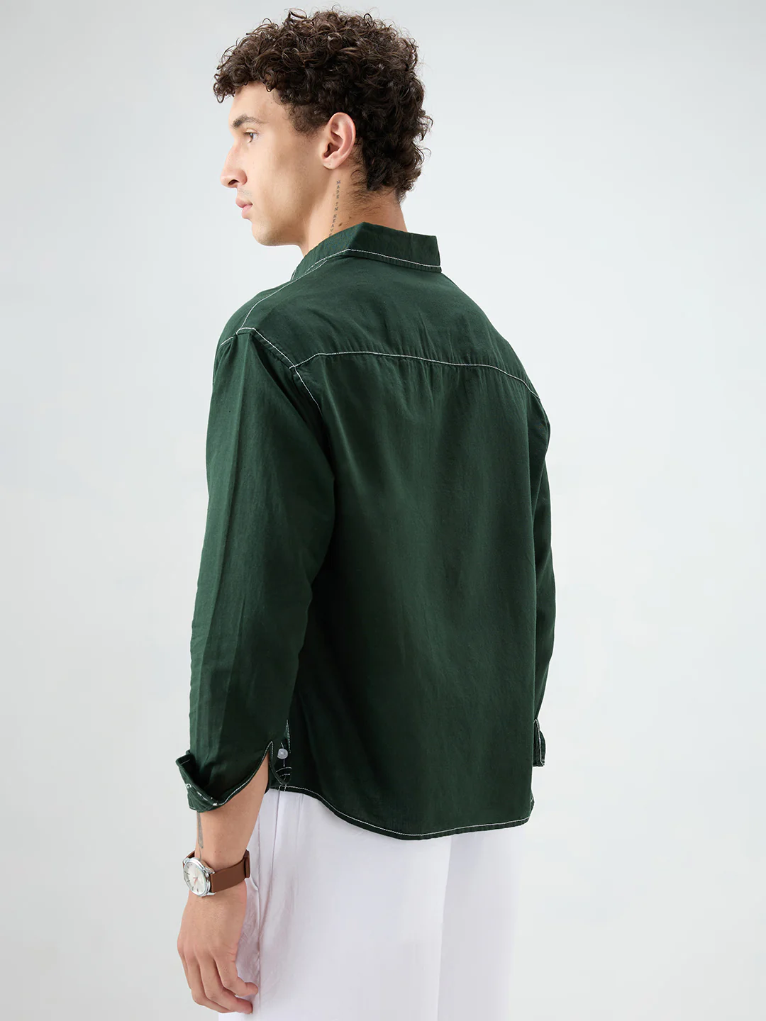Luxe Sacramento Green Contrast Stitch Linen Blend Boxy Fit Crop Shirt - Image 7